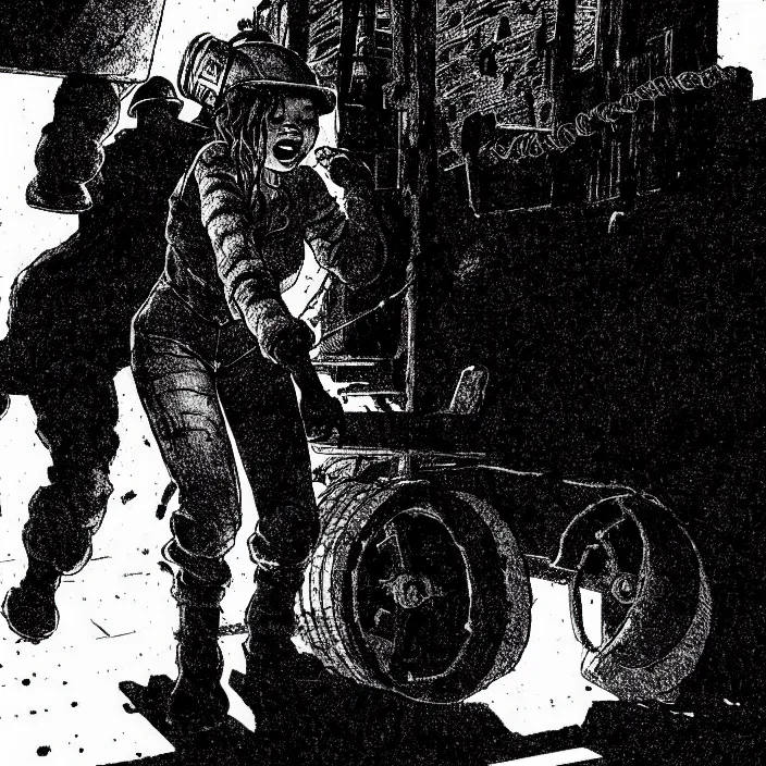 Image similar to sadie sink as a miner pushes a mine cart, emerges from the darkness. set in a dark coal mine. storyboard, scifi cyberpunk. by gabriel hardman, joe alves, chris bonura. cinematic atmosphere, detailed and intricate, perfect anatomy