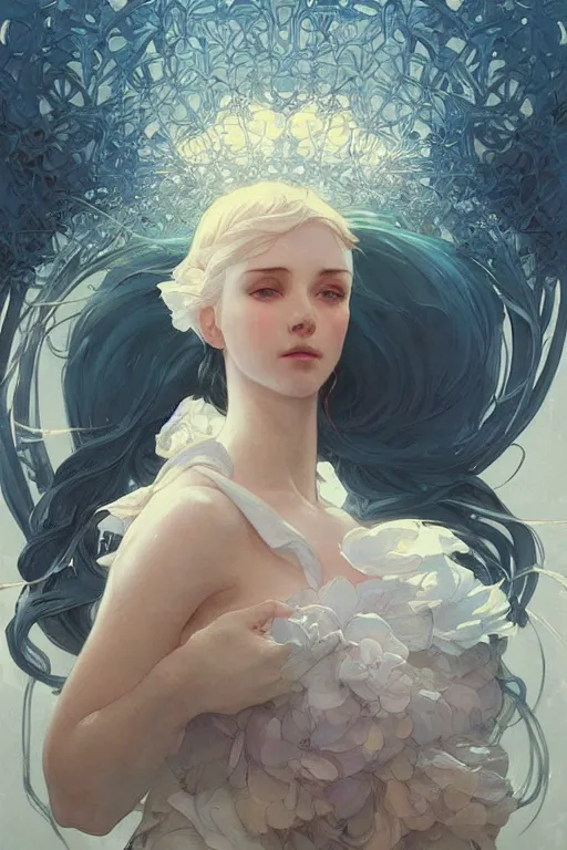 Image similar to perfect blue, dreamy and ethereal,, fantasy, intricate, elegant, highly detailed, digital painting, artstation, concept art, smooth, sharp focus, illustration, art by artgerm and greg rutkowski and alphonse mucha