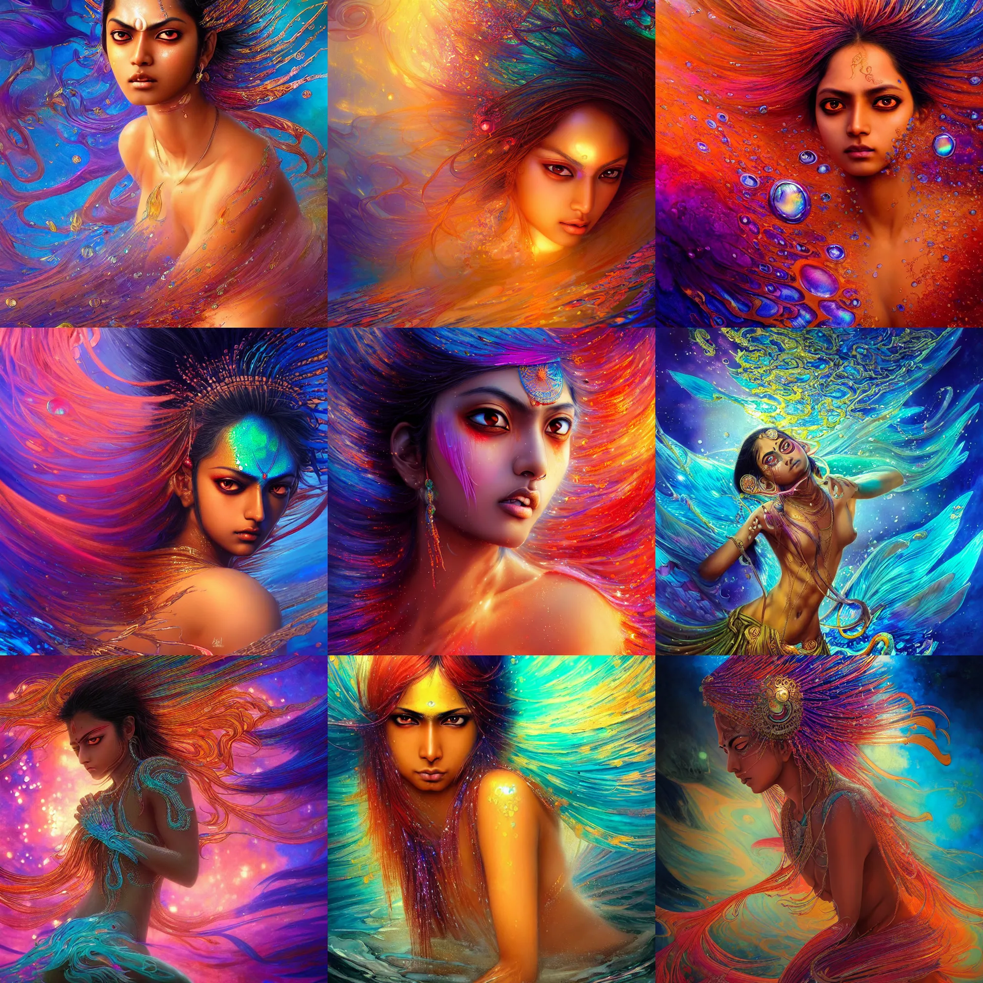 Prompt: ultra detailed stunning digital painting of a angry indian anime girl, chrome colored skin, covered in a sea of iridescent liquid, lost in a dreamy oriental realm by Karol Bak, Moebius, hiroshi yoshida, Druillet, xsullo, colorful, front view, vivid colors, 8k, coherent, anime vibes, uplifting, magical composition, artstation, synthwave, 8k, coherent, artgerm, uplifting, unreal engine, magical composition, artstation