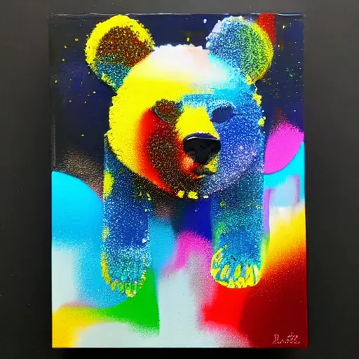 Image similar to a a bearbrick, covered by Acrylic fluid artistic effect, abstract, sparkling