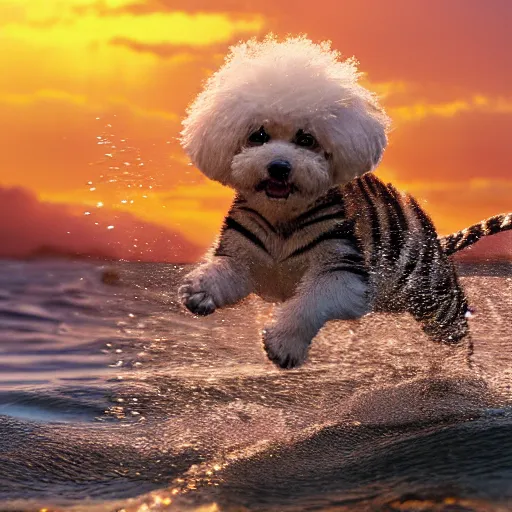 Image similar to a closeup photorealistic photograph of a cute smiling tiger bichon puppy splashing in the surf during sunset. professional capture, well lit shot. this 4 k hd image is trending on artstation, featured on behance, well - rendered, extra crisp, features intricate detail, epic composition and the style of unreal engine.