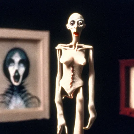 Image similar to claymation jacinda arden, fully - clothed, by jan svankmajer, hyperrealistic, very detailed, tim burton, 3 5 mm film still, gothic, horror, eldritch