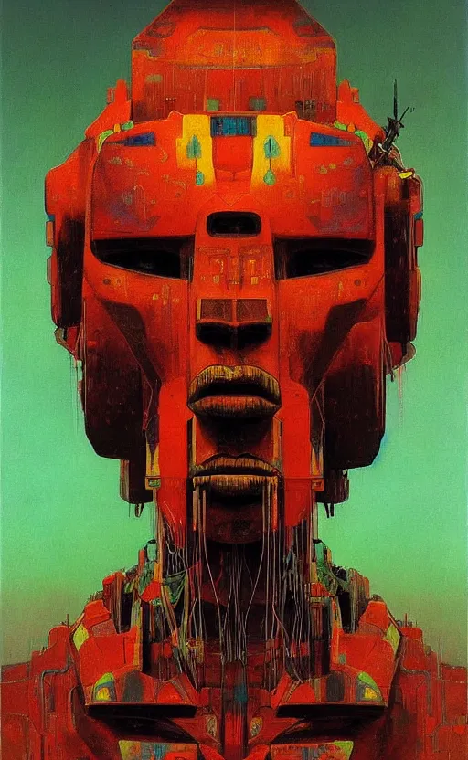 Image similar to portrait of mecha african tribal chief, symmetrical, dramatic lighting, colourful, art by zdzislaw beksinski,