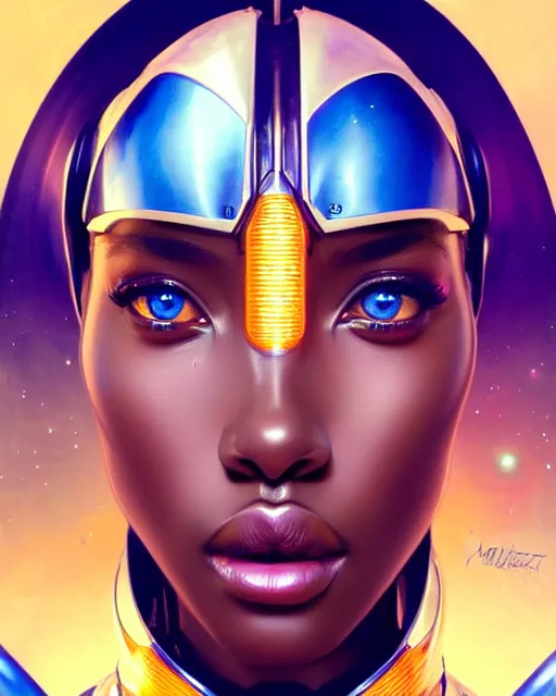 Image similar to Portrait of very very very very very very beautiful african woman, spacesuit, futuristic cybernetic helmet, blue eyes, real life skin, intricate, elegant, highly detailed, artstation, concept art, smooth, sharp focus, art by artgerm and greg rutkowski and alphonse mucha