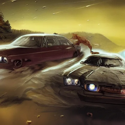 Image similar to werewolf driving a car, crashing it, artstation, Michael Whelan, digital art, felix Kelly, 8k photography