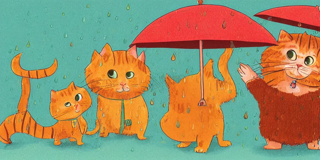 Image similar to a beard man and an orange tabby kitten standing in the rain by richard scarry