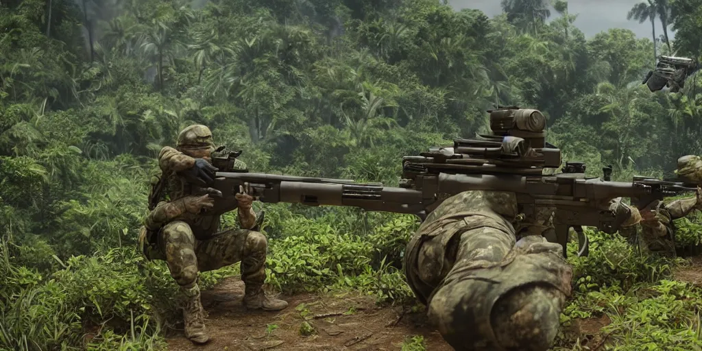 Prompt: soldiers aiming rifles at a dinosaur in the jungle, very highly detailed, 4k, cinematic, unreal engine 5