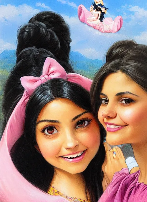 Prompt: beautiful thirty year old woman with long black hair, tan skin, curvy hourglass figure, round cute face, slight resemblance to selena gomez and vanessa hudgens and jenna coleman wearing a colorful frilly disney princess dress and mickey mouse ears. she has a friendly smile. beautiful painting by artgerm and greg rutkowski lois van baarle and bouguereau