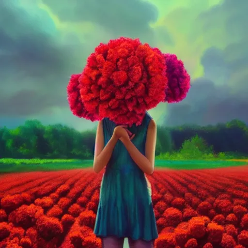 Prompt: face made of carnations flower, girl standing in a flower field, surreal photography, sunrise dramatic light, impressionist painting, colorful clouds, digital painting, artstation, simon stalenhag, flower face