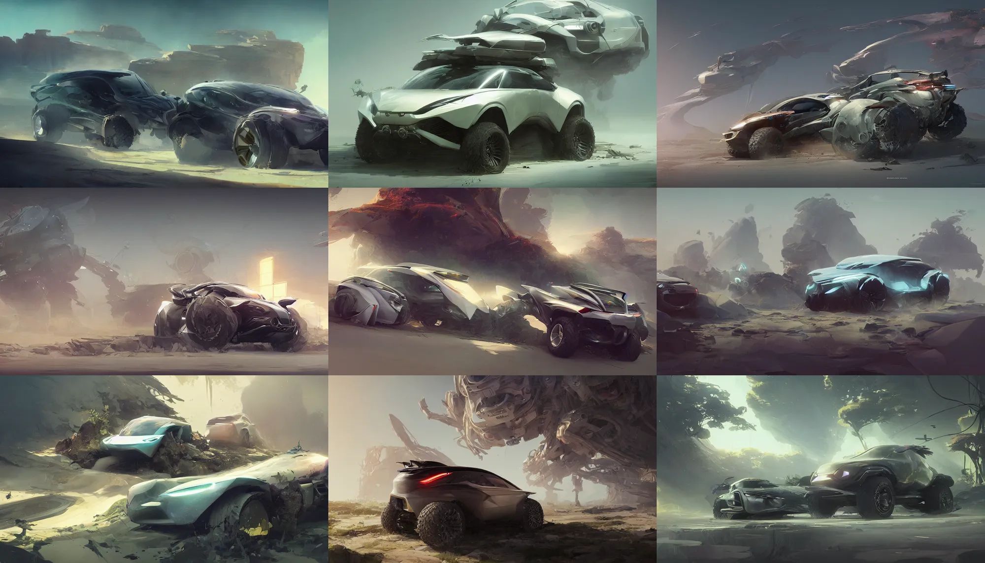 Prompt: a beautiful concept design of a supercar converted into offroad electric suv by cory loftis, fenghua zhong, ryohei hase, ismail inceoglu and ruan jia. volumetric light, detailed, octane render, horizon forbidden west