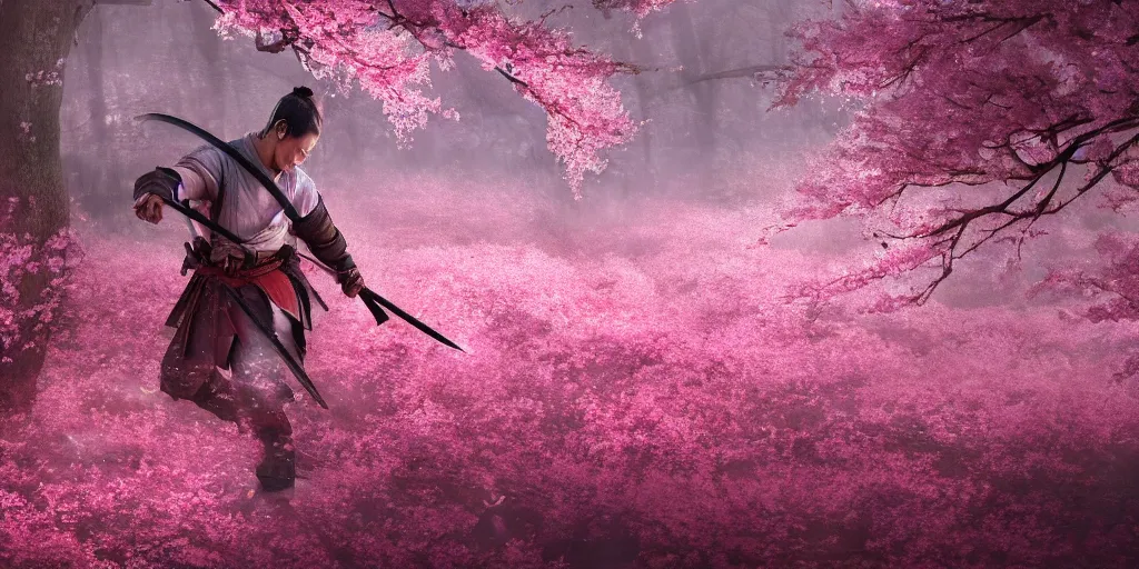 Prompt: a high definition photo of a ronin slashing his sword gracefully in a forest of cherry blossoms as pink petals surround him, artstation, extremely detailed man, stunning volumetric lighting, hyper realism, fantasy 4k