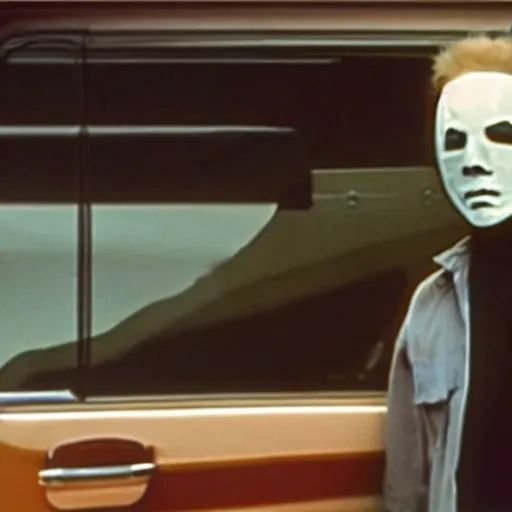 Image similar to Michael Myers holds open a car door. Movie still, realistic, grainy.