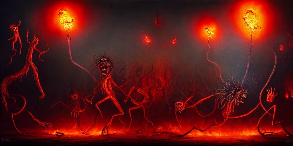 Image similar to repressed emotion creatures and monsters riot in a fiery wasteland, dramatic lighting glow from giant fire, attempting to escape to the surface and start a revolution, in a dark surreal painting by ronny khalil