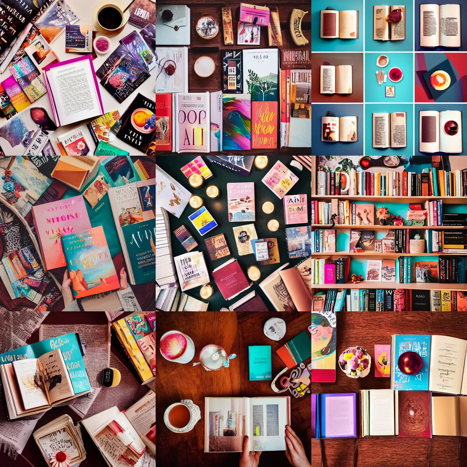 Prompt: flatlay book collection, vivid colors, dramatic lighting, icecream