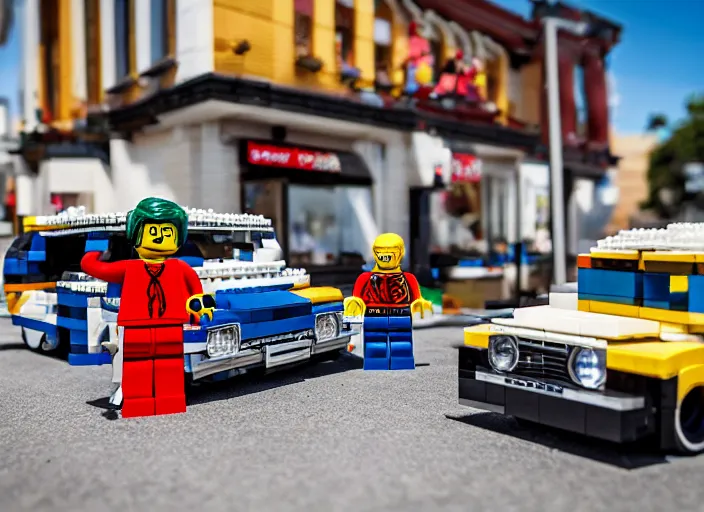 Prompt: lego - nwa in front of a lowrider made by lego in lego - california
