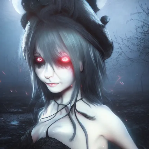 Image similar to full shot portrait of angry darkness cute anime girl at moonlight, gothic wearing, inspired by Tim Burton, Norihiro Yagi, WLOP, Marc Simonetti, Amano, Andrei Riabovitchev, detailed, unreal engine 4k volumetric light, fog,