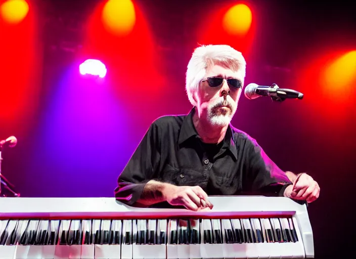 Image similar to photo still of michael mcdonald on stage at vans warped tour!!!!!!!! at age 4 8 years old 4 8 years of age!!!!!!! playing a keyboard thats on fire, 8 k, 8 5 mm f 1. 8, studio lighting, rim light, right side key light