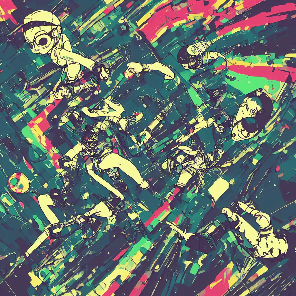 Image similar to in love ryuta ueda artwork, jet set radio artwork, stripes, gloom, space, cel - shaded art style, broken rainbow, data, minimal, speakers, code, cybernetic, dark, eerie, cyber