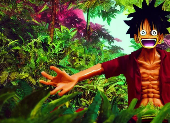 Prompt: a cg render of a colorful luffy in a noir galactic jungle, 8 k, unreal engine, detailed, hyperrealistic, octane