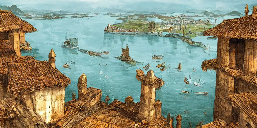 Image similar to Illustration, ancient city on top of a narrow sky high bridge, over water, really long, stretches to the horizon