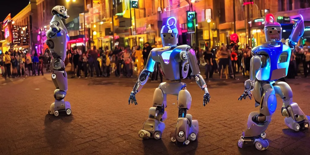 Prompt: two robots break dancing downtown at night, with a crowd watching, wide angle, go pro, photoreal