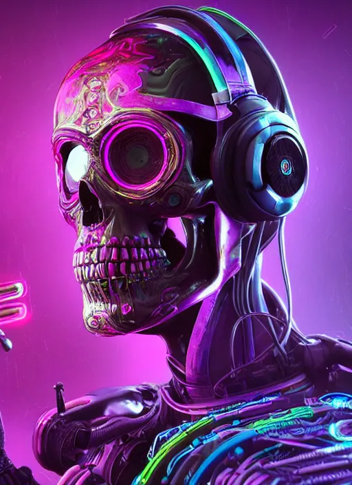 Image similar to a futuristic skull wearing headphones with glowing eyes and a purple background, cyberpunk art by android jones, behance contest winner, computer art, darksynth, synthwave, rendered in cinema 4 d