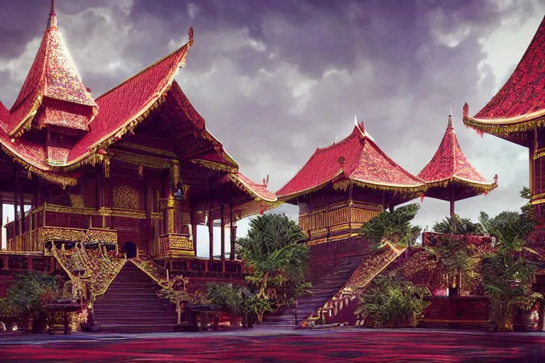 Image similar to the most amazing dream you ever had about minangkabau palace, hyper realistic, ambient lighting, concept art, intricate, hyper detailed, smooth, dynamic volumetric lighting, octane, cinematic