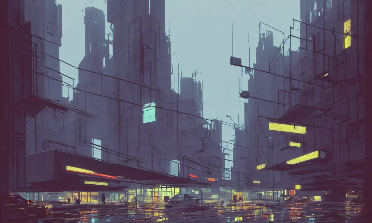 Image similar to streetscape, brutalist buildings, metal, concrete, wet streets, neon lights, neon signs, vehicles, pedestrians, syd mead, ralph mcquarrie, doug chiang, concept art, matte painting, finely detailed, minimal artifacts, rule of thirds, dynamic lighting, cinematic, denoised, centered, artstation