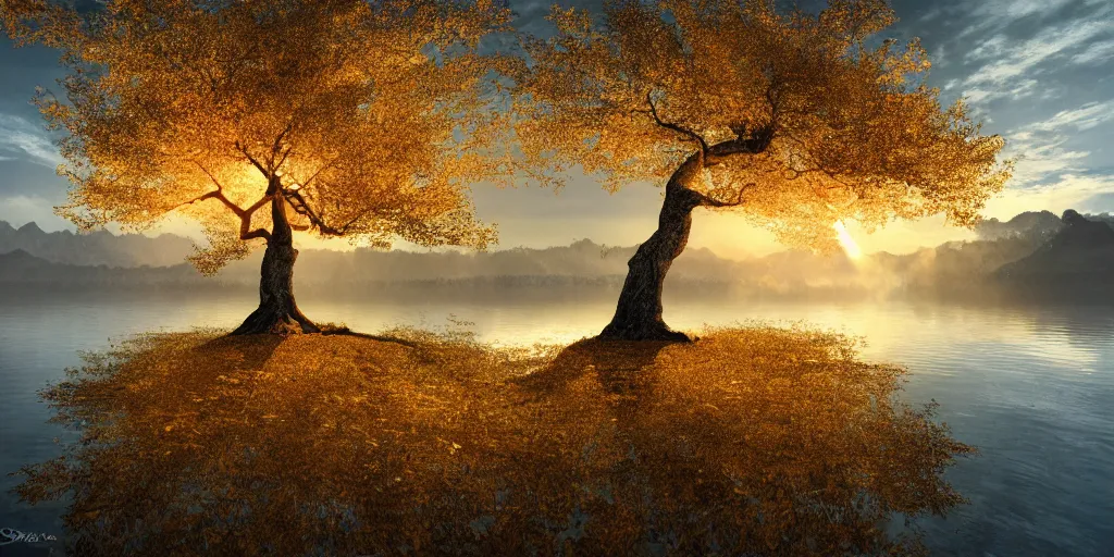 Prompt: Old oak shining with a delicate glow with golden leaves and silver bark standing on a lonely island in the middle of a lake 8k resolution artwork matte painting