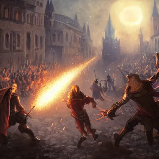 Image similar to meteor seconds before impact in a medieval town, foreboding, people running away, concept art, trending, high detail, high resolution, fantasy, knights