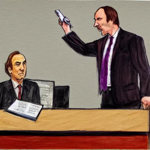 Prompt: saul goodman defending michael scorn in acourt, courtroom painting