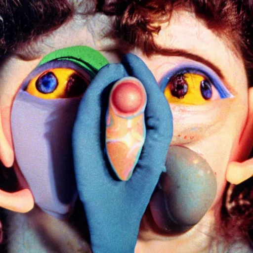 Image similar to woman with prosthetic nose enters an eyeball cult, 1981 children's tv show, color