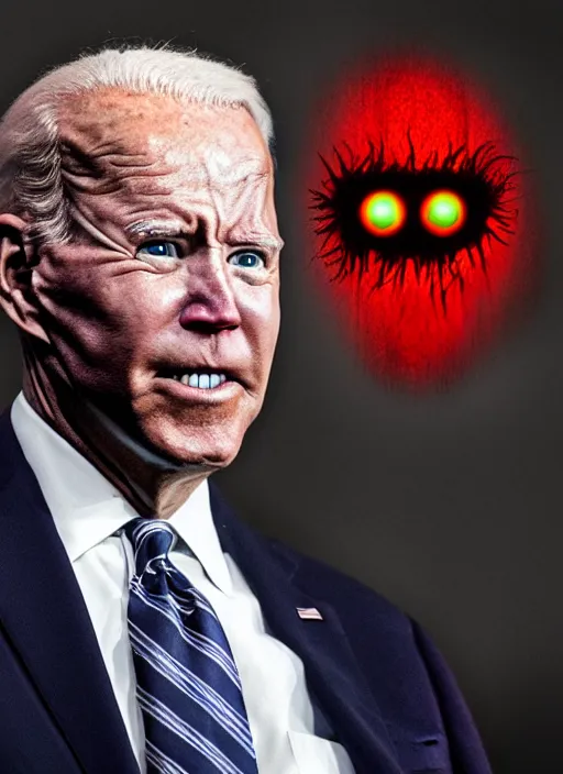 Image similar to hyper realistic terror photo Doom furious glowing red eyes biden