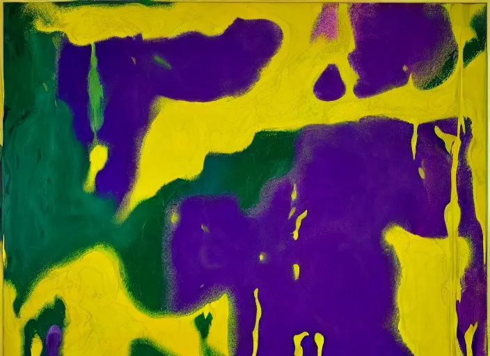 Image similar to minimalistic abstract painting in shape of waterfall, in purple, yellow, dark green, beige, by hernan bas and pat steir and hilma af klint, psychological, photorealistic, dripping paint, washy brush, oil on canvas, matte painting, rendered in octane, altermodern, masterpiece