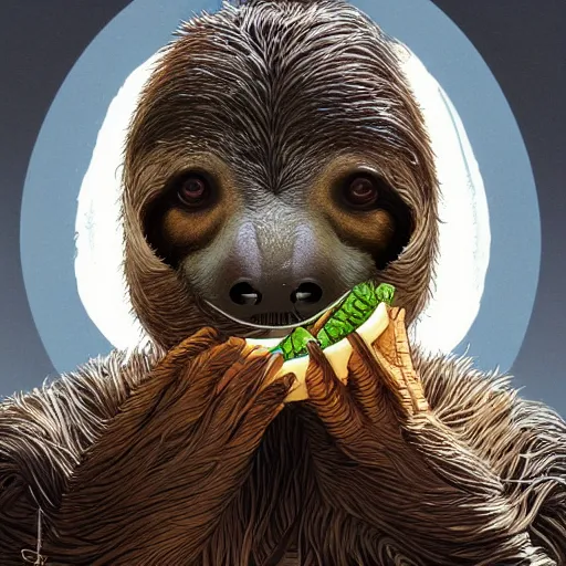 Image similar to detailed science - fiction character portrait of a sloth eating sushi, intricate, wild, highly detailed, digital painting, artstation, concept art, smooth, sharp focus, illustration, art by artgerm and greg rutkowski and alphonse mucha