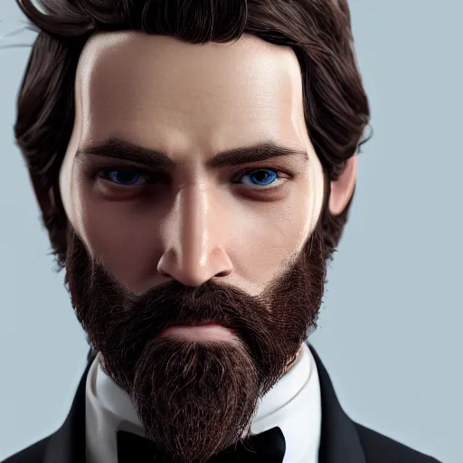 Prompt: a highly detailed portrait of a man, with a brown short beard and hair, blue eyes, wearing a tuxedo, artstation, deviantart, professional, octane render