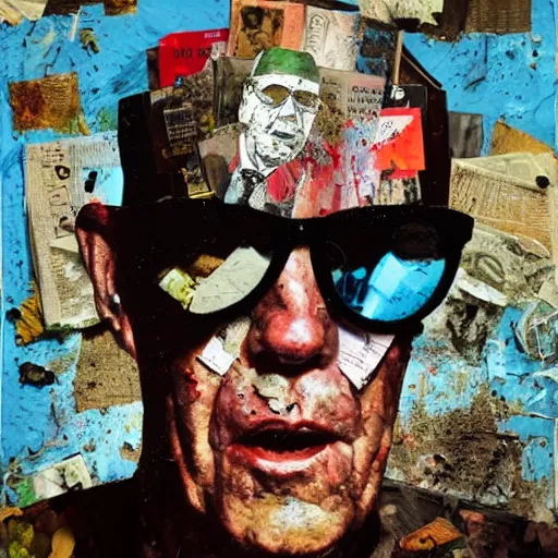 Image similar to hyperrealistic, photorealistic, mixed media oil painting of hunter s. thompson, magazine scraps, plaster, oil, splatter, greg rutkowski