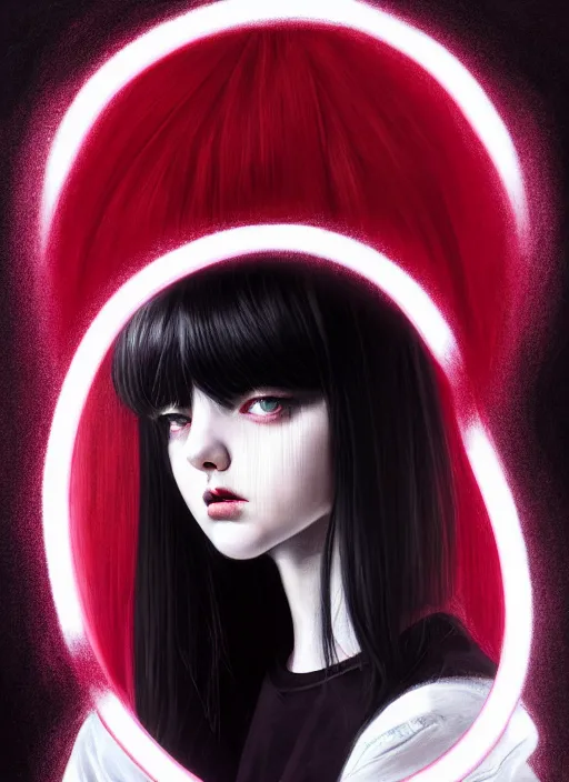 Image similar to portrait of teenage girl, red irises, red eyes, black hair, black and white hair, white bangs, purple clothes, white bangs, bangs, black hair and white bangs, intricate, elegant, glowing lights, highly detailed, digital painting, artstation, concept art, smooth, sharp focus, illustration, art by wlop, mars ravelo and greg rutkowski