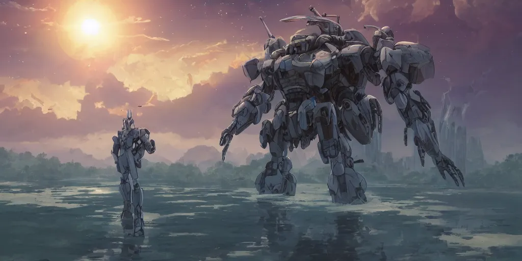 Image similar to Mecha standing near the river, beautiful landscape made by Studio Ghibli, volumetric lighting, highly detailed art, concept art, Greg Rutkowski, Ayami Kojima, James Jean, Yoshitaka Amano, sunset, beautiful scene, shooting stars, sharp focus, smooth, 8k, anime art,depth of field, dynamic sky