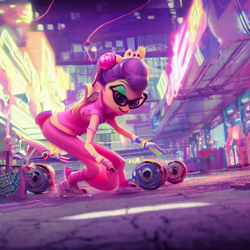 Image similar to a girl like (jinx, Princess peach), dancing, background jet ground radio, fullshot, raytrayced, octane render, epic composition, intricate details, hyperrealist, dark neon punk, by pixar