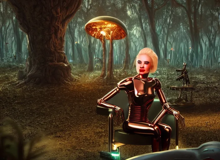 Image similar to photo of an intricate and sophisticated terminator woman with borg enhancements, blonde hair, metallic face plating with red lips, sitting on a giant mushroom in a weird magical mechanical forest and drinking a cup of tea. Very detailed 8k. Fantasy cyberpunk horror. Sharp. Unreal 5 render with nanite, global illumination and path tracing. Cinematic post-processing