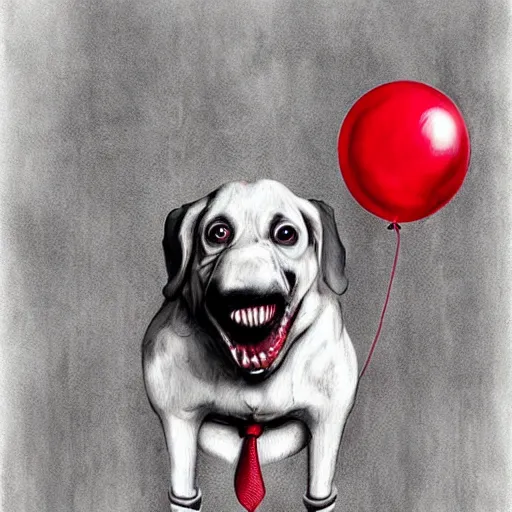 Prompt: surrealism grunge cartoon portrait sketch of a dog with a wide smile and a red balloon by - michael karcz, loony toons style, pennywise style, horror theme, detailed, elegant, intricate