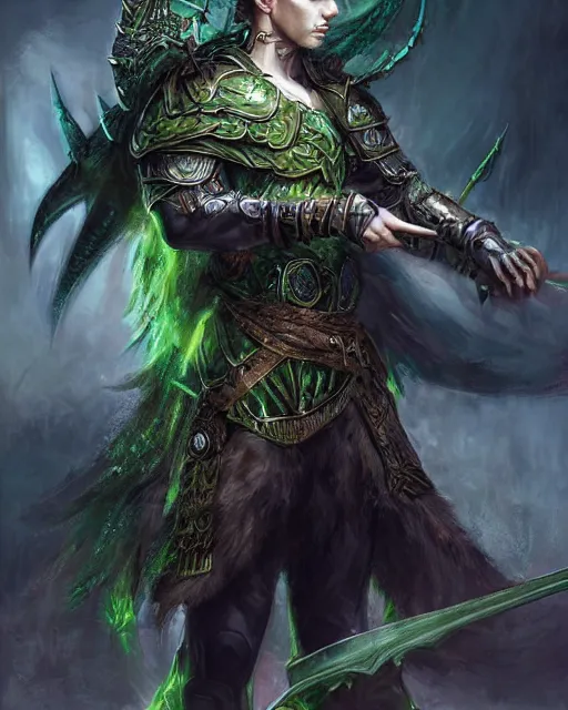 Image similar to a beautiful male warrior, full body length pose, 8 k, green eyes, hyperrealistic, dark fantasy, hyperdetailed, fantasy portrait by laura sava