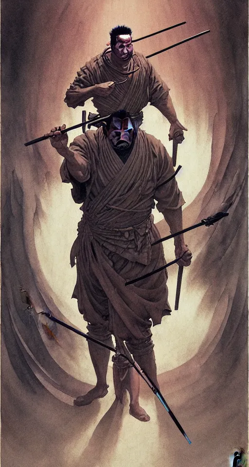 Image similar to portrait of zatoichi in the style of wayne barlowe, gustav moreau, peter mohrbacher, bussiere, roberto ferri, santiago caruso, luis ricardo falero, austin osman spare, boris vallejo, hajime sorayama