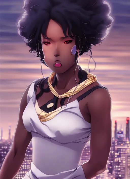 Image similar to beautiful city black woman only, anime style only, shy personality, scenery wallpaper aesthetic, pastel colors only, symmetrical face, cinematic, dramatic, super detailed and intricate, hyper realistic, 4 k render, by artgerm, by kyoung hwan kim, by ralph mcquarrie, by yoshiyuki tomino