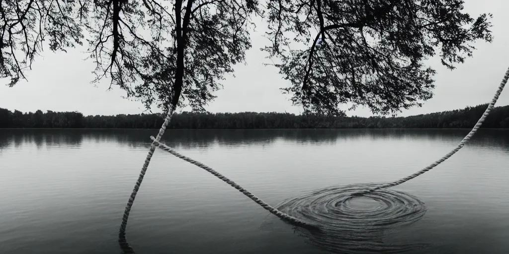 Image similar to symmetrical photograph of an infinitely long rope floating on the surface of the water, the rope is snaking from the foreground stretching out towards the center of the lake, a dark lake on a cloudy day, trees in the background, anamorphic lens, surreal