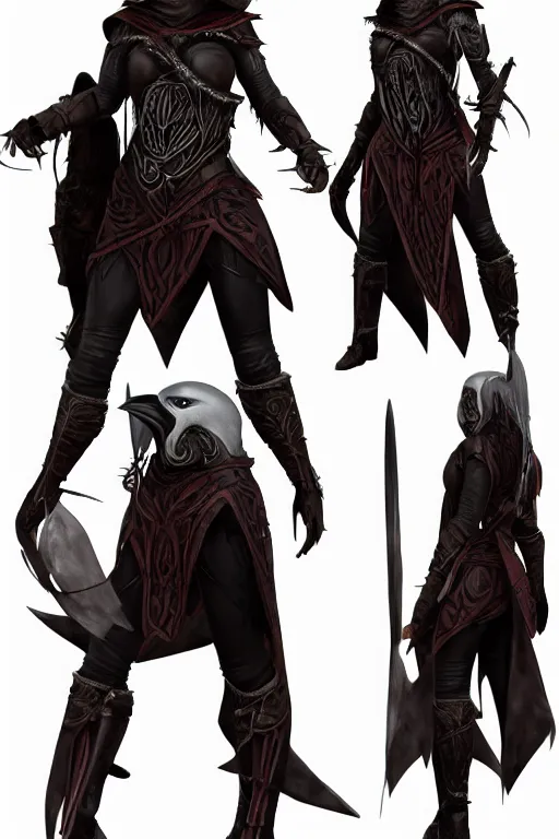 Image similar to female adventurer in tight full - body ebony leather armor of dunmer design with white porcelain crow mask, trending in artstation, establishing shot