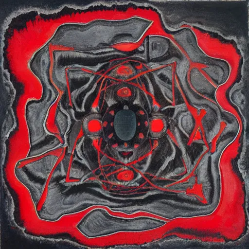 Image similar to a black and red crimson biomechanical talisman of eternal knowledge, aurora borealis, eclipse by maggi mcdonald, jackson pollock, mark rothko, sabina klein