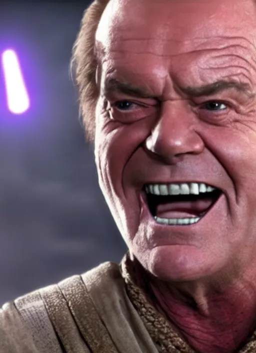 Prompt: film still of jack nicholson as a jedi in the new star wars movie, 4 k