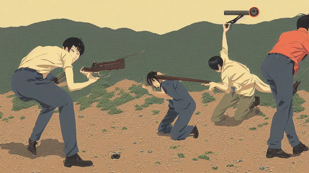 Image similar to I threw heavy objects down to kill the man, while he shot at me. I found a revolver but there were no bullets , screen print by Kawase Hasui and jeffrey smith, rendered in octane render 32k